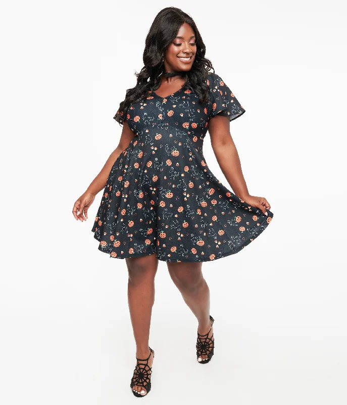  Clothing SalesUnique Vintage Plus Size 1950s Black Spooky Cats & Pumpkins Poppy Flare Dress Clothing Sales