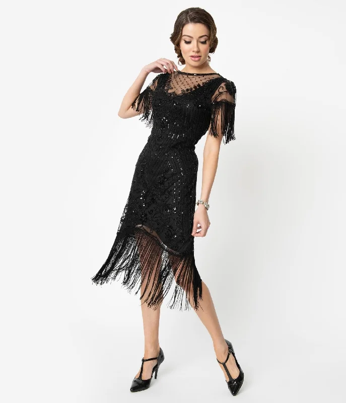  Women's Office OutfitUnique Vintage 1920s Black Beaded Fringe Sleeve Nadine Flapper Dress Women's Office Outfit