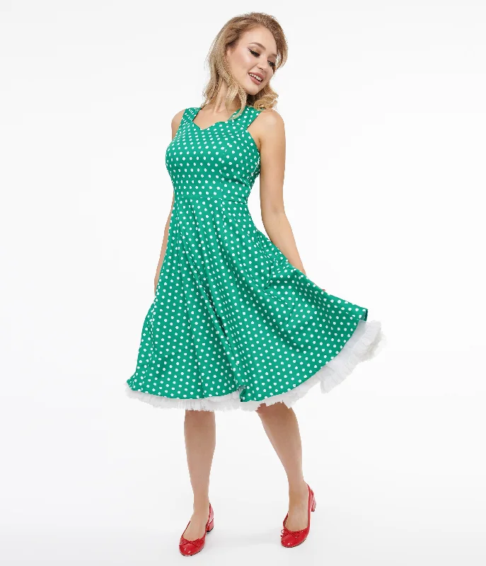  Modern Women's Fashion with Vintage Touches1950s Green & White Polka Dot Cotton Swing Dress Modern Women's Fashion with Vintage Touches