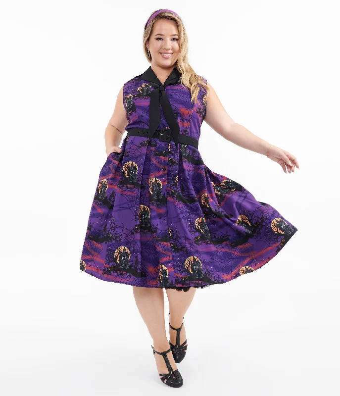  Online Shopping BoutiquesUnique Vintage Plus Size 1950s Purple Halloween Print Edith Swing Dress Online Shopping Boutiques