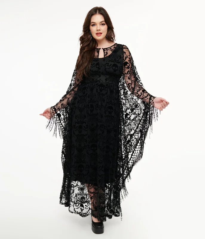  Outlet ClothingUnique Vintage 1960s Black Baroque Skull Burnout Fringe Flutter Sleeve Caftan Outlet Clothing