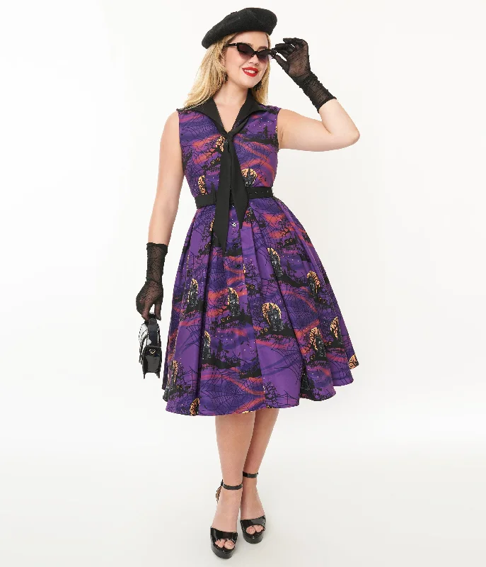  Online Boutiques ClothingUnique Vintage 1950s Purple Halloween Print Edith Swing Dress Online Boutiques Clothing