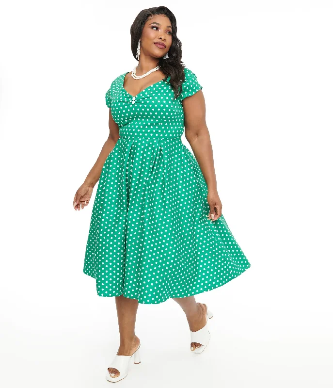  Sale On ClothingDolly & Dotty 1950s Green & White Polka Dot Off The Shoulder Lily Swing Dress Sale On Clothing