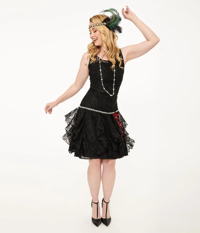  Women's Seasonal AttireUnique Vintage 1920s Black Lace & Red Flowers Ruffle Flapper Dres Women's Seasonal Attire