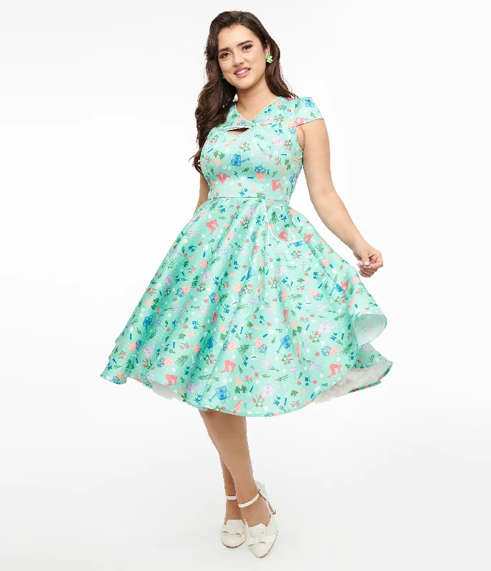  Women's Stylish OuterwearVoodoo Vixen 1950s Mint Green English Country Garden Print Fit & Flare Dress Women's Stylish Outerwear