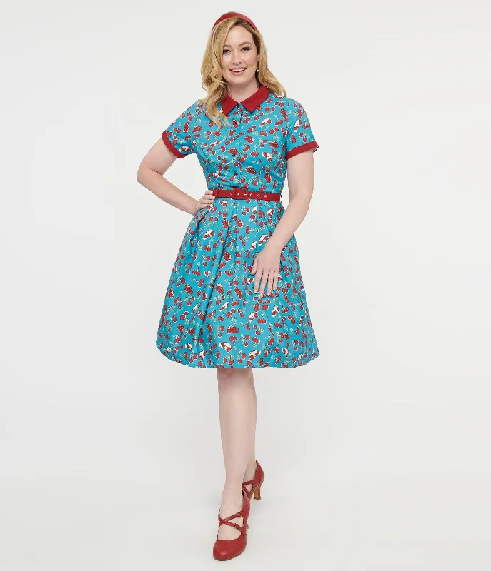  Clothes For WomenCollectif 1950s Blue & Red Cherry Pie Swing Dress Clothes For Women