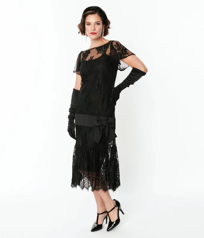  Women's Plus-Size Casual OutfitUnique Vintage 1920s Black Lace & Bow Flapper Dress Women's Plus-Size Casual Outfit