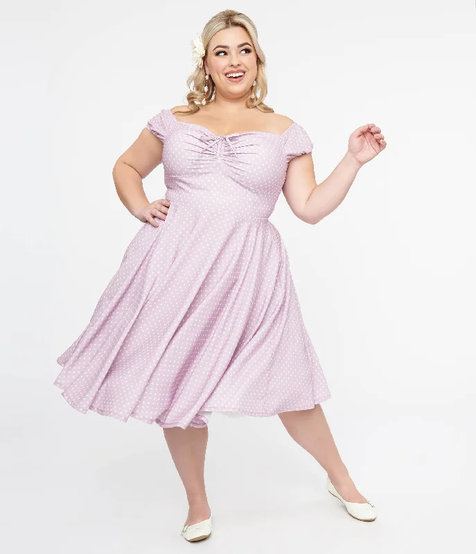  Stylish Everyday ClothingPlus Size 1950s Lavender & White Heart Print Victoria Swing Dress Stylish Everyday Clothing