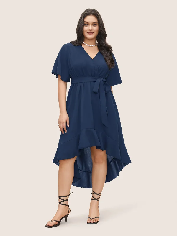  Women's Urban ClothingBloom Dress - Solid Tie Surplice Ruffle High Low Dress Women's Urban Clothing