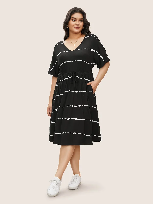  Online BoutiquesTie Dye Roll Dolman Sleeve Pocket Gathered Knot Striped Dress Online Boutiques