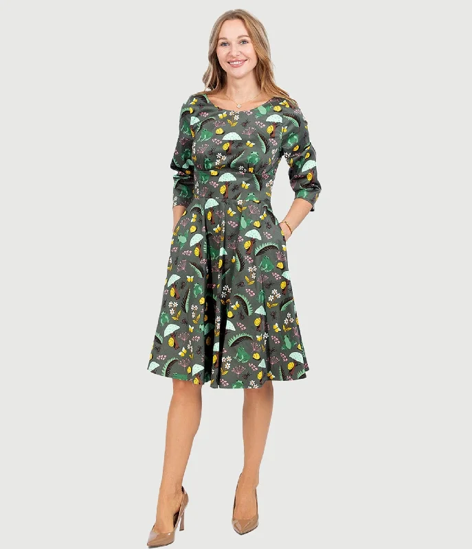  Women's Elegant Evening OutfitOlive Green & Rain Forest Print Fit & Flare Dress Women's Elegant Evening Outfit