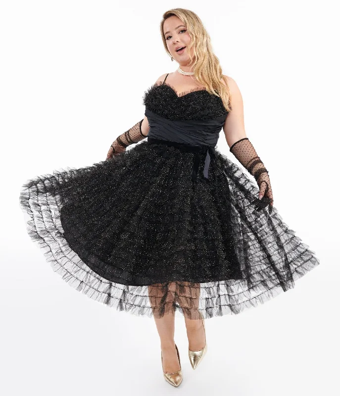  Best Online BoutiquesUnique Vintage Plus Size 1950s Black & Gold Glitter Tulle Cupcake Swing Dress Best Online Boutiques