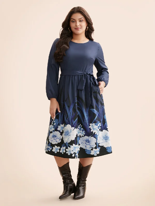  Plus-Size Women's GarmentsBoho Print Belted Lantern Sleeve Dress Plus-Size Women's Garments