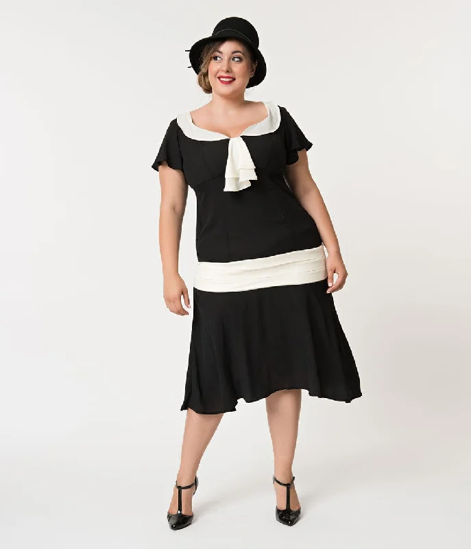  Women's Evening AttireUnique Vintage Plus Size 1920s Black & Cream Wilshire Flapper Day Dress Women's Evening Attire