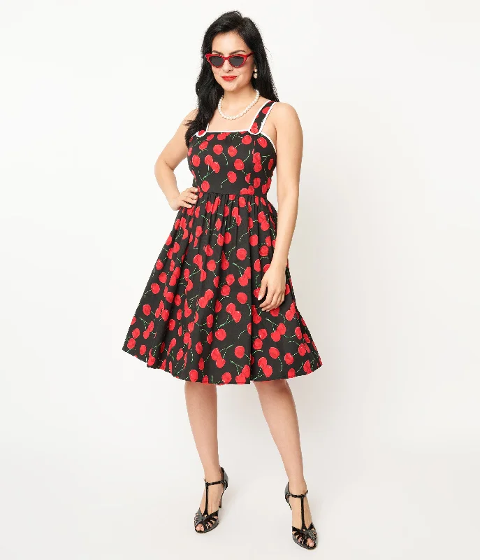  Trendy Online BoutiquesUnique Vintage 1950s Black & Cherry Print Cotton Pinafore Swing Dress Trendy Online Boutiques