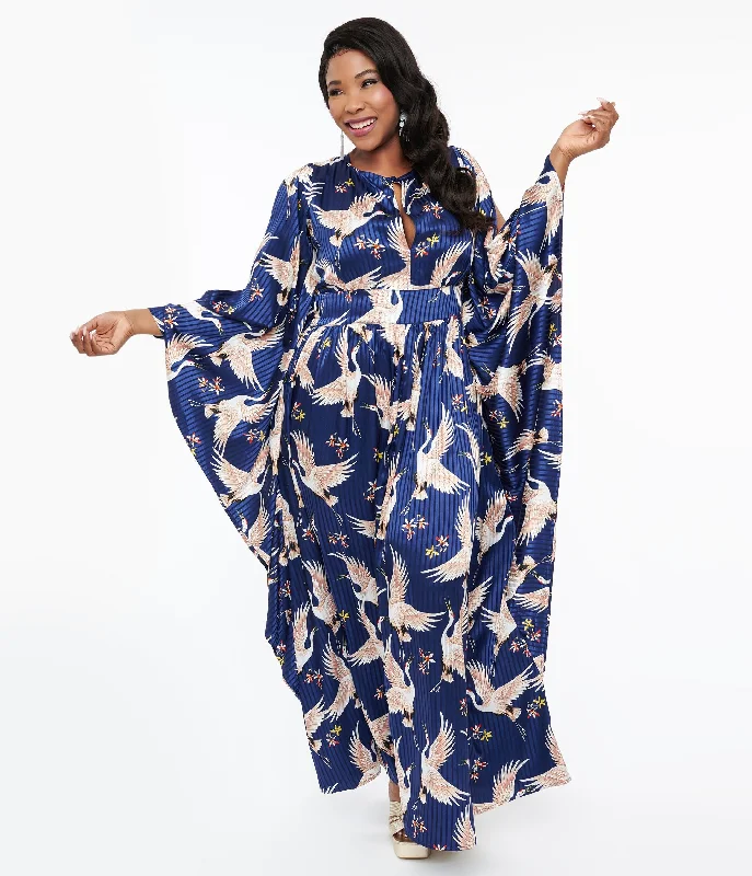  Women's Travel AttireUnique Vintage Plus Size 1960s Navy Crane Flutter Sleeve Caftan Women's Travel Attire