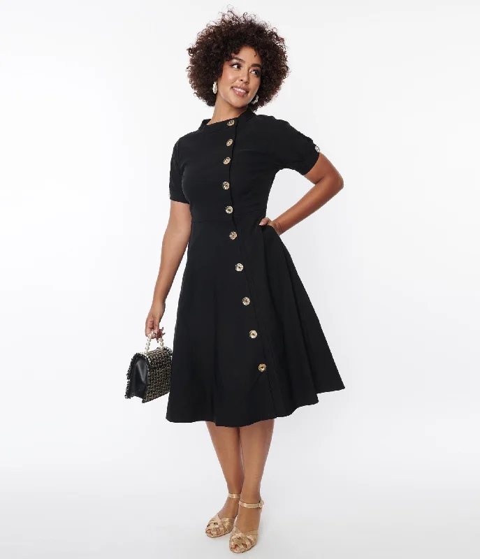  Women's Romantic OutfitUnique Vintage Black Button Swing Dress Women's Romantic Outfit