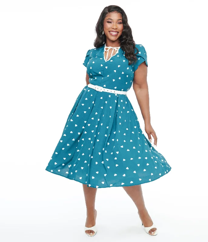  Modern Women's Wardrobe EssentialsUnique Vintage Plus Size 1940s Teal & White Heart Dahlia Swing Dress Modern Women's Wardrobe Essentials