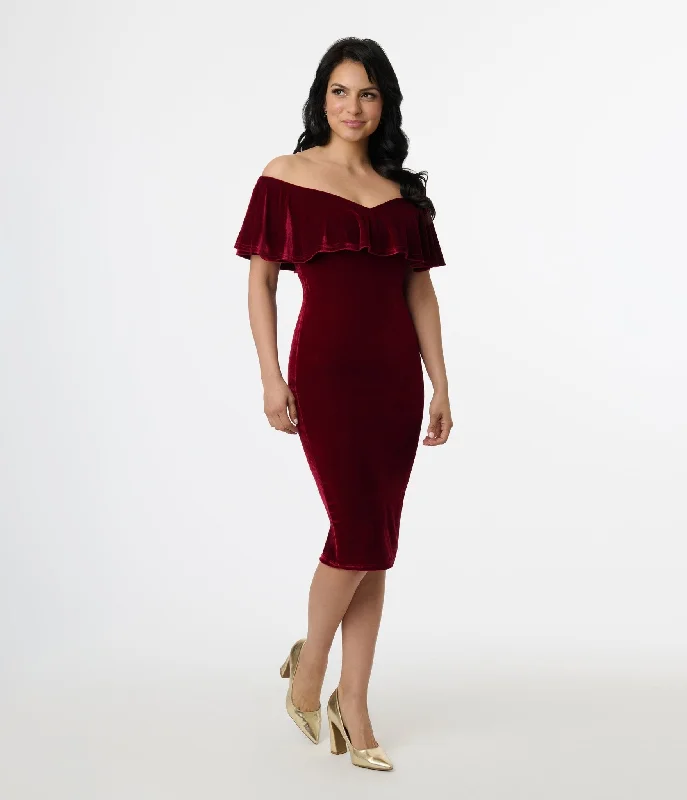  Women's Timeless AttireUnique Vintage 1950s Burgundy Red Velvet Sophia Wiggle Dress Women's Timeless Attire