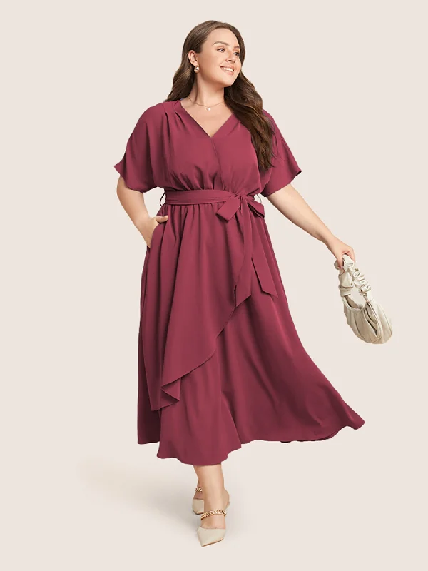  Luxury FashionPlain Dolman Sleeve Pocket Belted Surplice Neck Flutter Dress Luxury Fashion