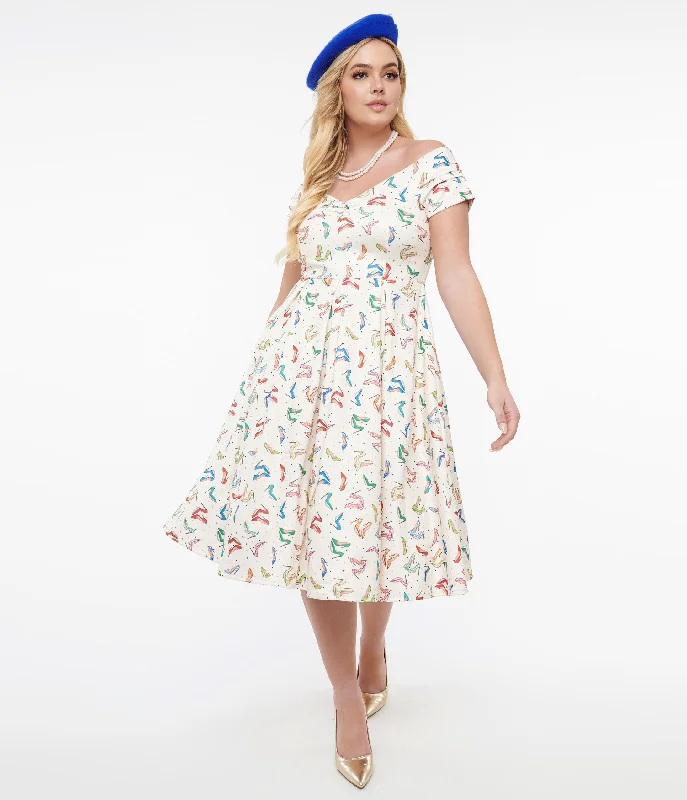  Women's Clothing for All OccasionsDolly & Dotty 1950s Cream & Multicolor Heels Swing Dress Women's Clothing for All Occasions