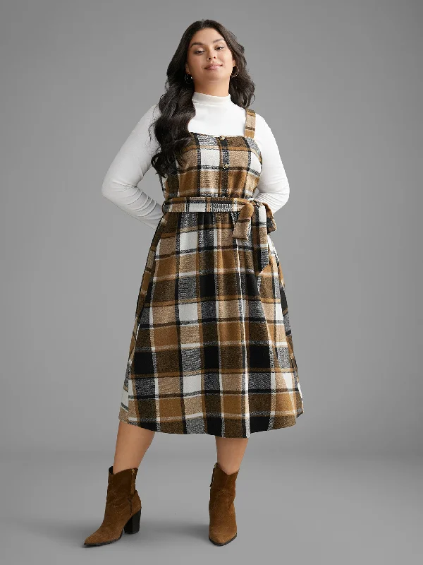  Women's Chic Outerwear GarmentsSquare Neck Plaid Button Detail Belted Dress Women's Chic Outerwear Garments