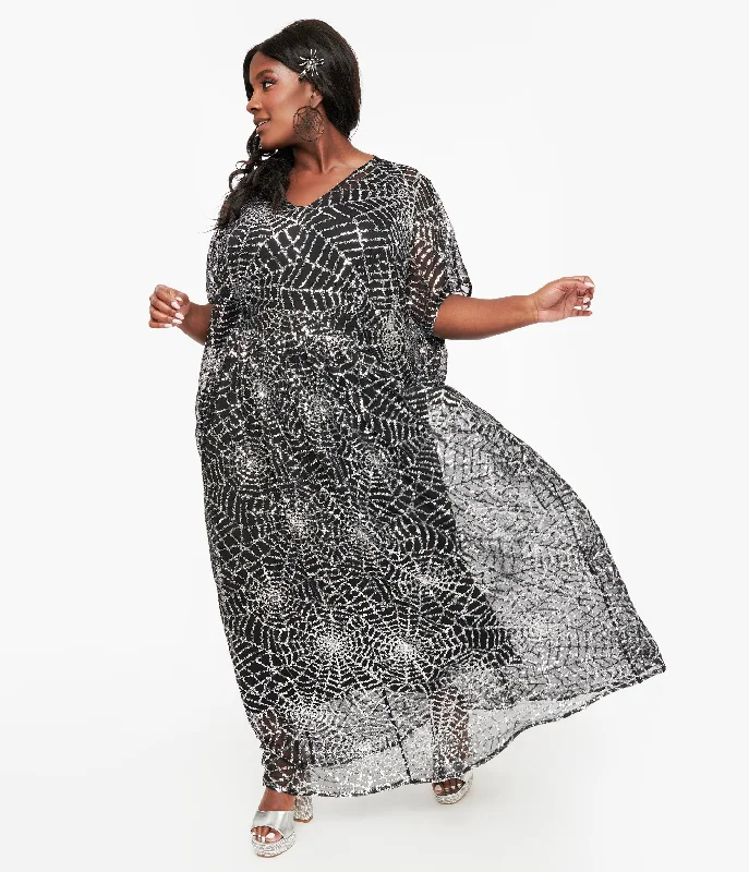  Plus Size Women WearUnique Vintage Black & Silver Sequin Spider Web Burton Caftan Dress Plus Size Women Wear