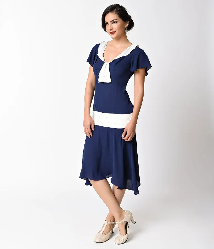  Women's Casual AttireUnique Vintage 1920s Navy Blue & Ivory Wilshire Flapper Day Dress Women's Casual Attire