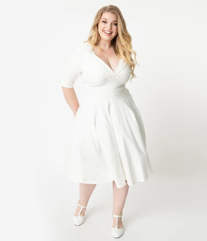  Women's Vintage-Inspired OutfitUnique Vintage Plus Size 1950s Ivory Delores Swing Dress with Sleeves Women's Vintage-Inspired Outfit