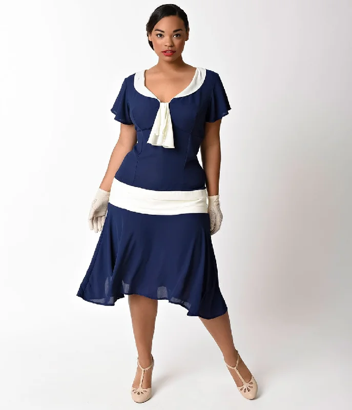  Women's Vintage AttireUnique Vintage Plus Size 1920s Navy Blue & Ivory Wilshire Flapper Day Dress Women's Vintage Attire