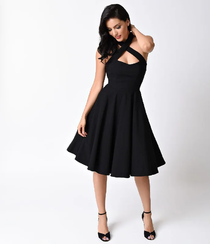  Women's Formal Event AttireUnique Vintage Black Criss Cross Halter Rita Flare Dress Women's Formal Event Attire