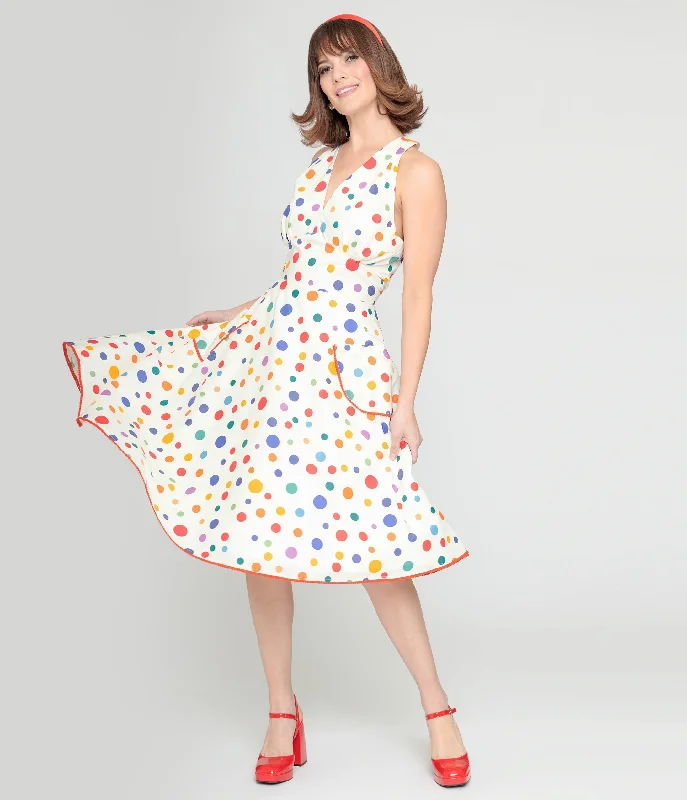  Holiday DiscountUnique Vintage 1950s Rainbow Polka Dot Cotton Halter Swing Dress Holiday Discount