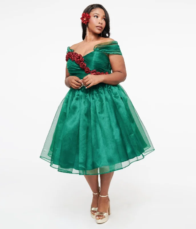  Women's Outerwear AttireUnique Vintage 1940s Emerald & Roses Garden State Swing Dress Women's Outerwear Attire