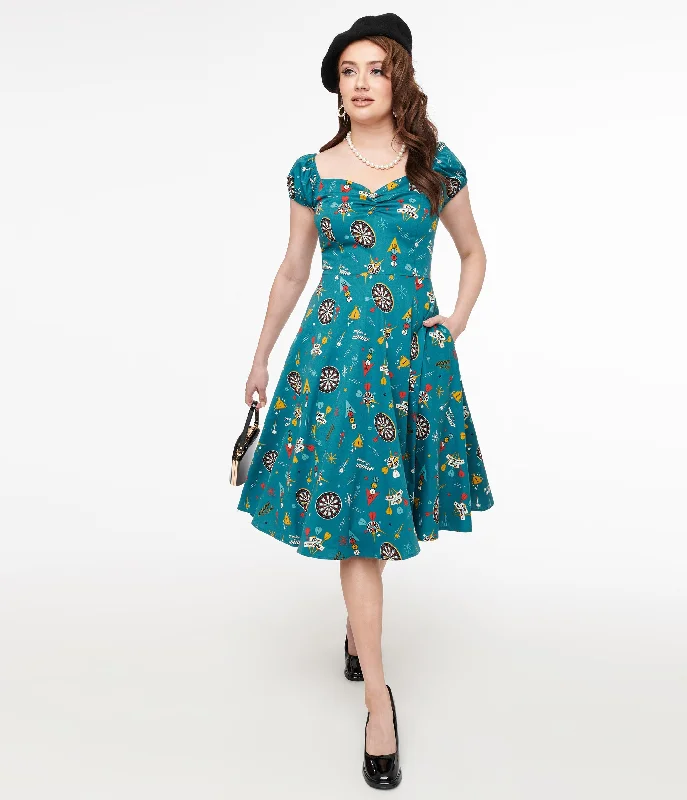  Fashionable Casual Tops1950s Teal Dart Board Keep Em Flying Cotton Swing Dress Fashionable Casual Tops