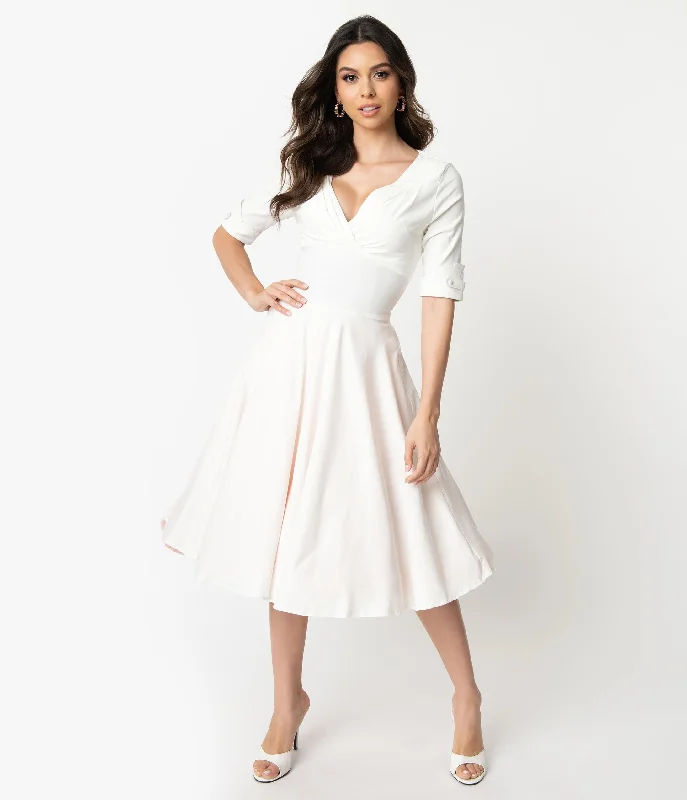  Stylish Women's AttireUnique Vintage Ivory Delores Swing Dress with Sleeves Stylish Women's Attire