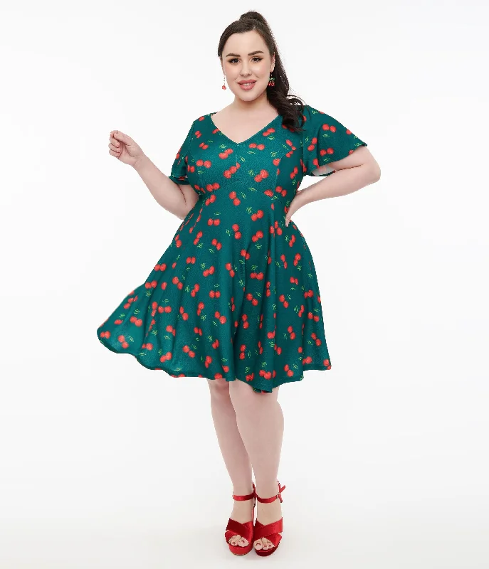  Chic Women's Clothing for Date NightsUnique Vintage Plus Size 1950s Emerald & Cherry Print Poppy Flare Dress Chic Women's Clothing for Date Nights