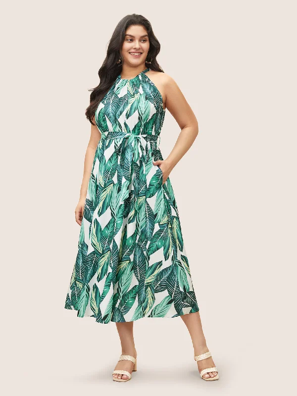  Big Sale EventTropical Print Knotted Pocket Ruffles Belted Halter Dress Big Sale Event