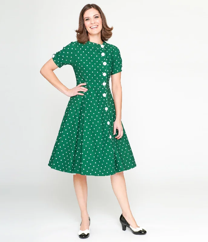  Everyday Women's Fashion TrendsUnique Vintage 1950s Green & White Pin Dot Contrast Button Swing Dress Everyday Women's Fashion Trends