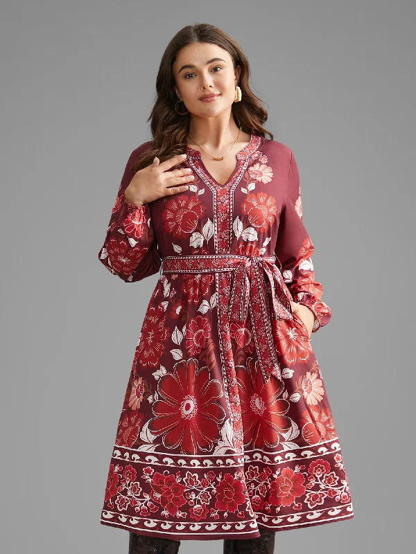  Women's High-Fashion ClothesBoho Print Belted Lantern Sleeve Dress Women's High-Fashion Clothes