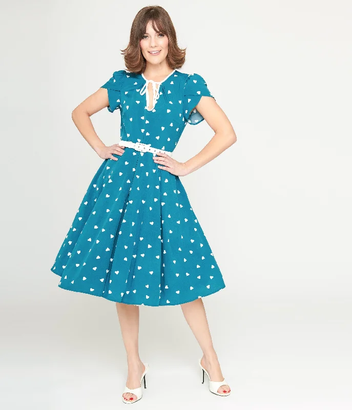  Designer Women's Fashion OnlineUnique Vintage 1940s Teal & White Heart Dahlia Swing Dress Designer Women's Fashion Online