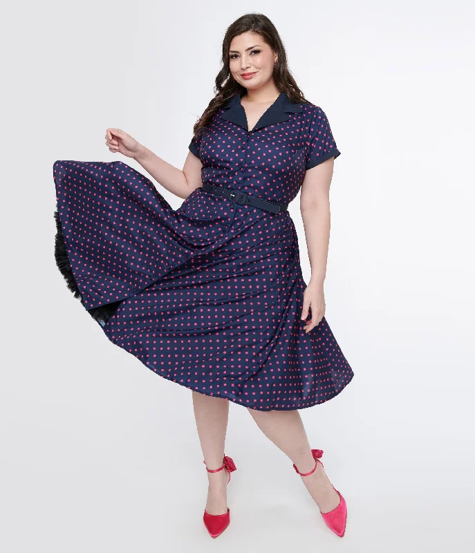  Women's OutfitUnique Vintage Plus Size Navy & Hot Pink Dot Alexis Swing Dress Women's Outfit