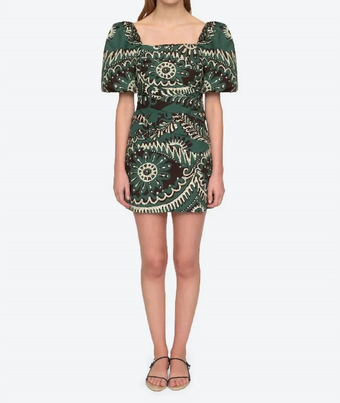  Comfortable Women's ClothingPrint Puff Sleeve Draped Dress In Green Comfortable Women's Clothing