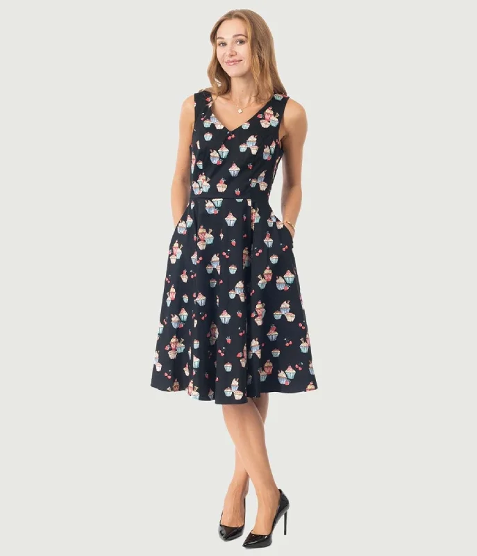  Women's Date Night OutfitBlack Cupcake Print Swing Dress Women's Date Night Outfit