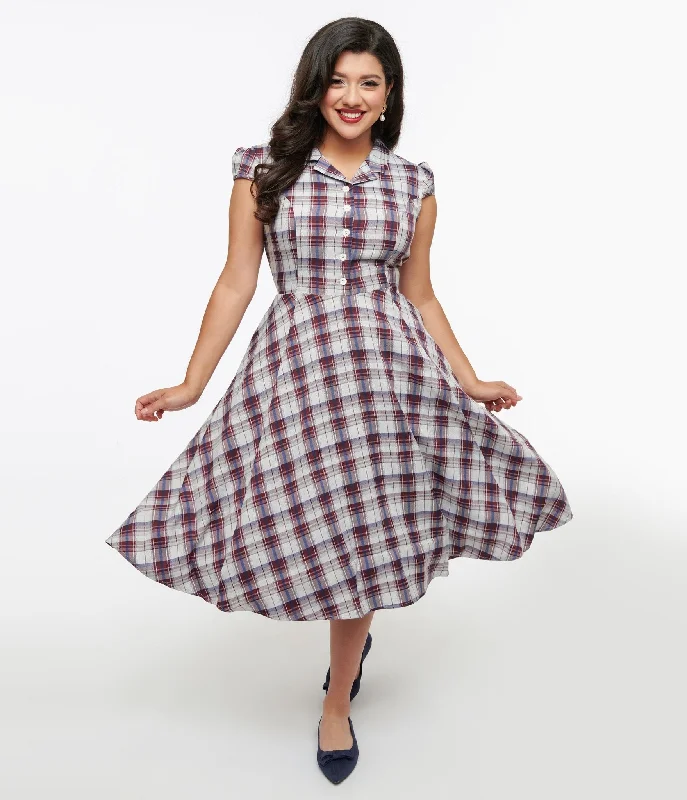  Women's Holiday Attire1950s Brown & Blue Plaid Swing Dress Women's Holiday Attire