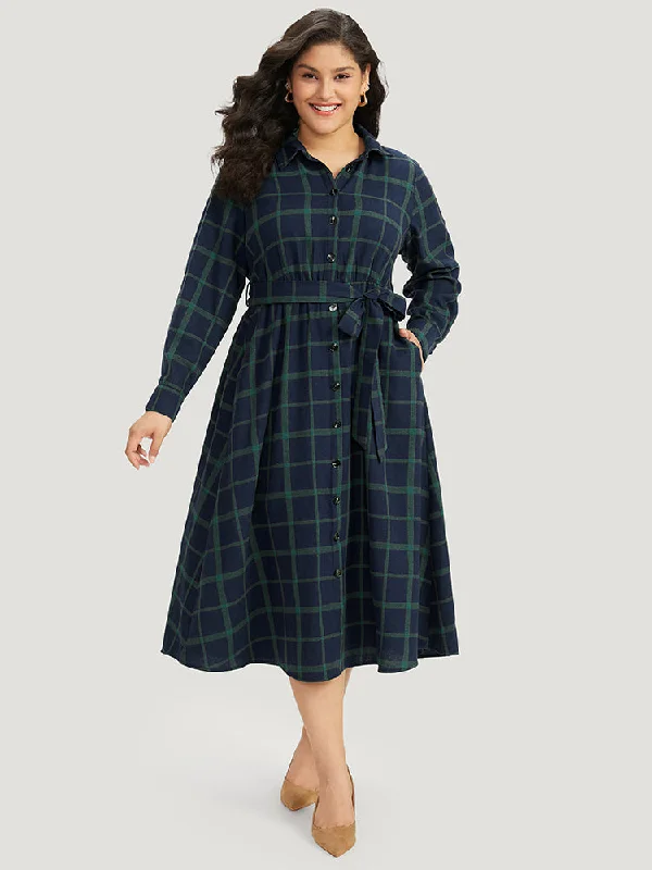  Exclusive Women's Fashion CollectionPlaid Shirt Collar Button Fly Belted Dress Exclusive Women's Fashion Collection