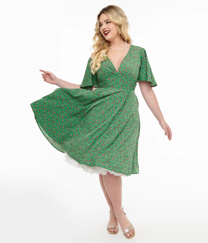  End Of Season Sale Clothing1950s Green & Pink Rose Fit & Flare Dress End Of Season Sale Clothing