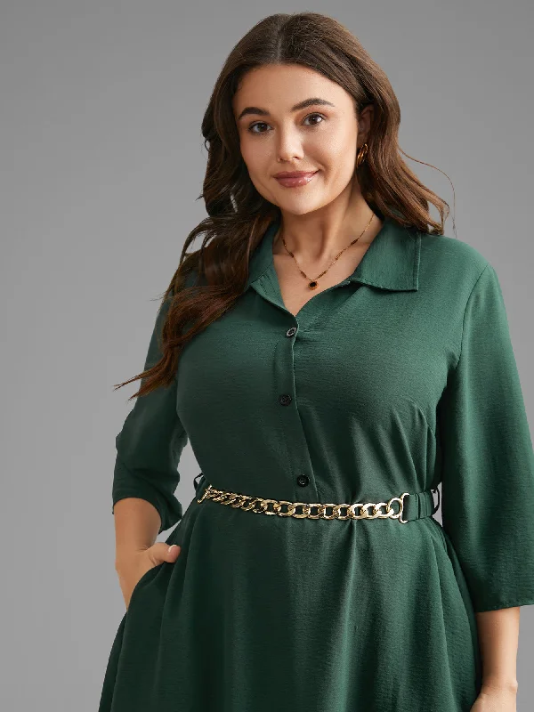  Women's Holiday ClothingShirt Collar Button Up Metal Chain Detail Dress Women's Holiday Clothing