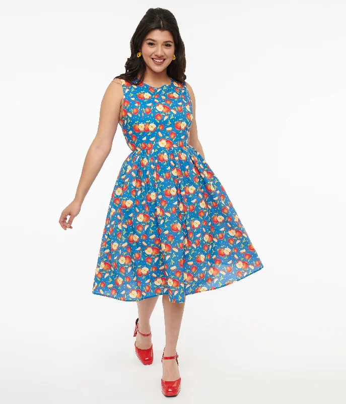  Trendy Women's Fashion1950s Blue & Red Apple Print Cotton Swing Dress Trendy Women's Fashion