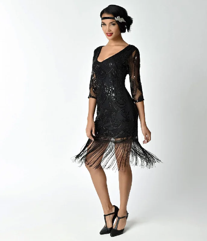  Women's AttireUnique Vintage 1920s Black Beaded & Sequin Margaux Sleeved Fringe Cocktail Dress Women's Attire