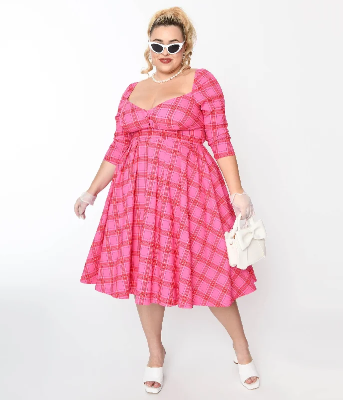  Women's Trendy AttireUnique Vintage Plus Size Pink & Red Plaid Lamar Swing Dress Women's Trendy Attire